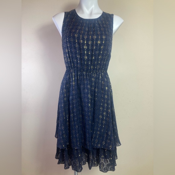 🐲💙J.Crew Gold Metallic Textured-Dot Navy Dress - Picture 4 of 12